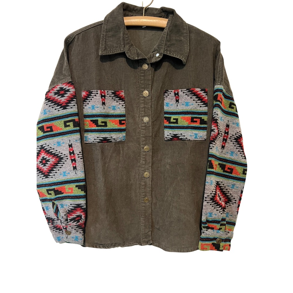 C+D+M Corduroy Button Down Shirt Women L Olive Southwestern Tribal Shacket A36